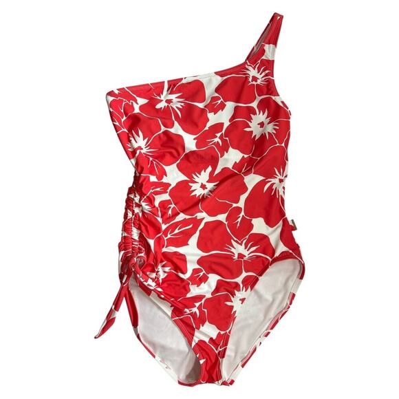 Vince Camuto Women's Red/White Hibiscus One Shoulder Swimsuit Size 10 One Piece - Picture 1 of 4